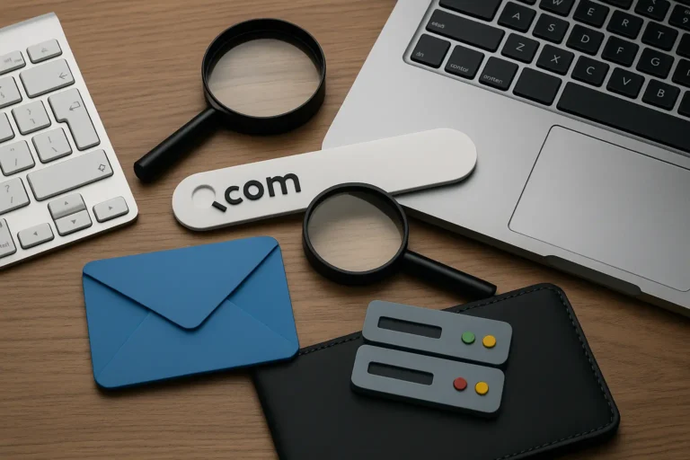 Korporativ e-mail qurulması üçün masa üzərində noutbuk, klaviatura, zərf ikonu, domen adı çubuğu, böyüdücü şüşə və server ikonu